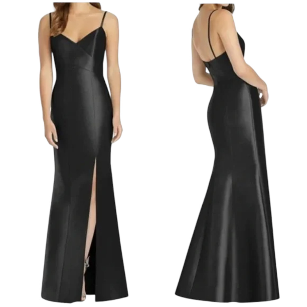 Alfred Sung D758 Bridesmaid Dress Black Satin Maxi Trumpet Slit Sz 8